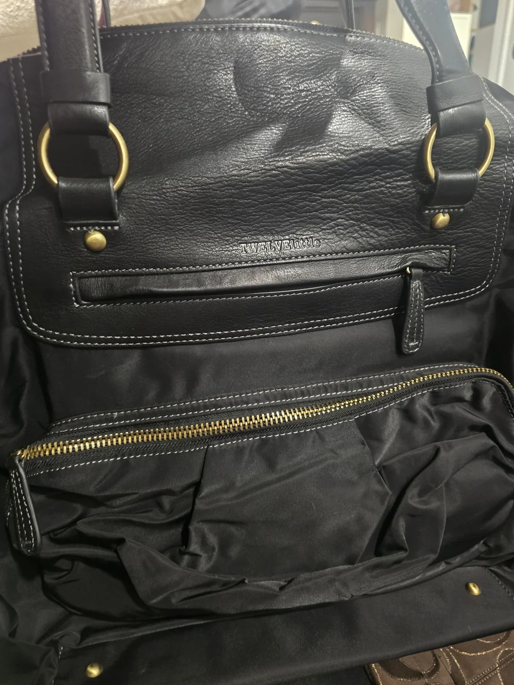 Black Leather Baby Bag with Gold Accent Hardware